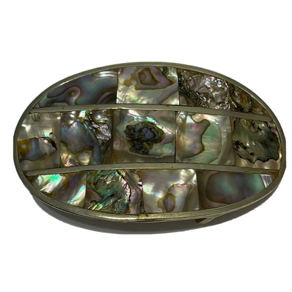 Vtg Mexico Alpaca Silver Abalone Inlay Mosaic￼ Belt Buckle Handmade